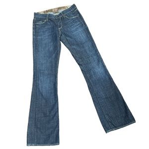 Rich & Skinny Flare Leg Low Rise Jeans Sz 23 Medium Wash Blue Denim Distressed